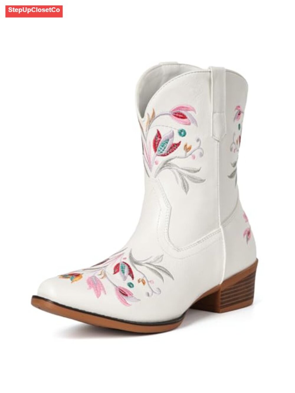 Western Flower Embroidered Ankle Boots PU Leather Low Heel